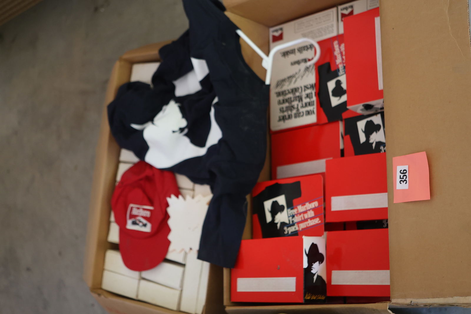 Garage: Grouping of Marlboro Cigarettes Promo Shirts, Hats in boxes - SEE PICTURES (1 of 4)