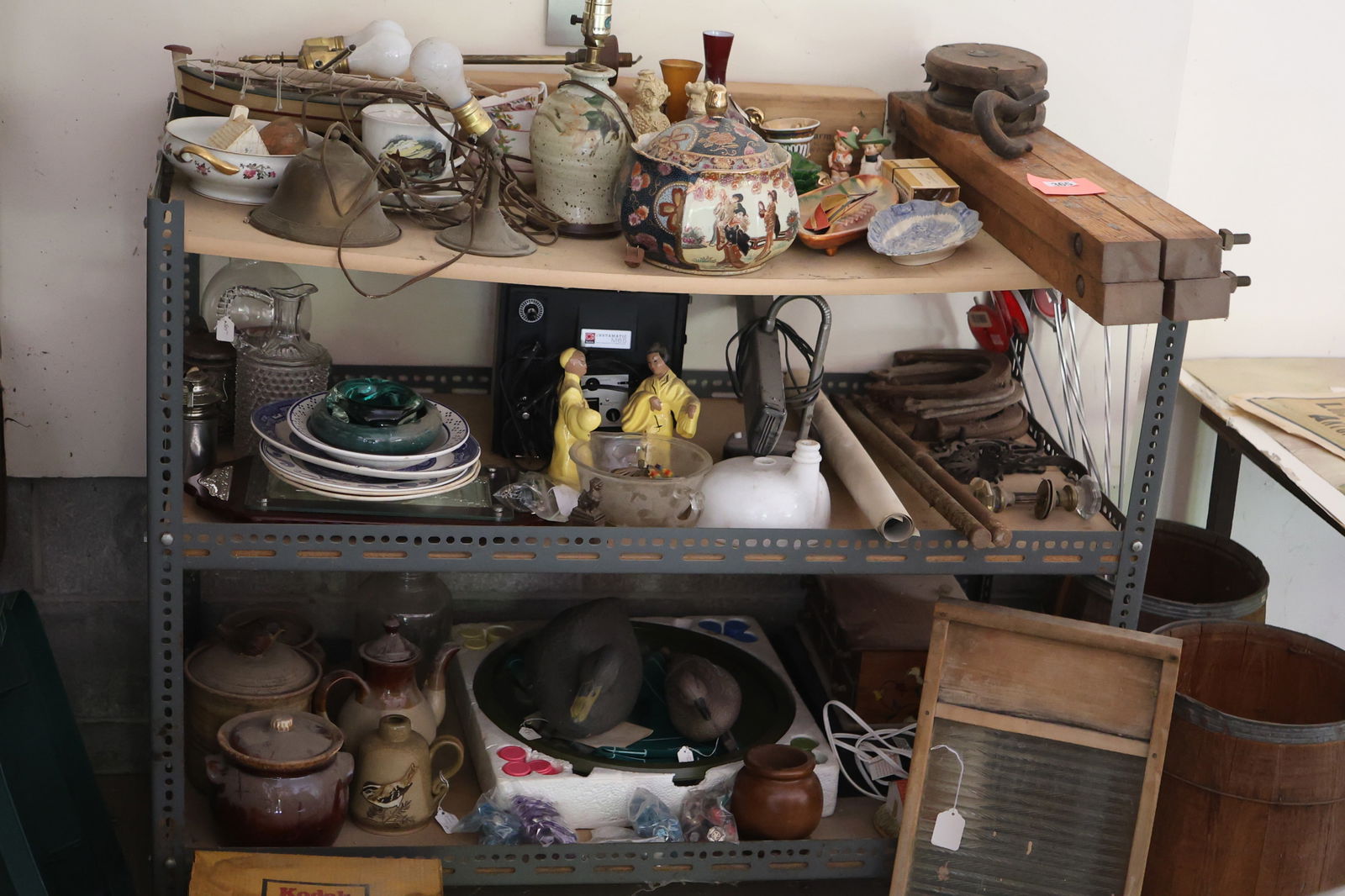 Garage: Large Grouping: Nail Keg, Brass Lamp, Imari Bowl, Decoys, Pots  - SEE PICTURES (1 of 11)