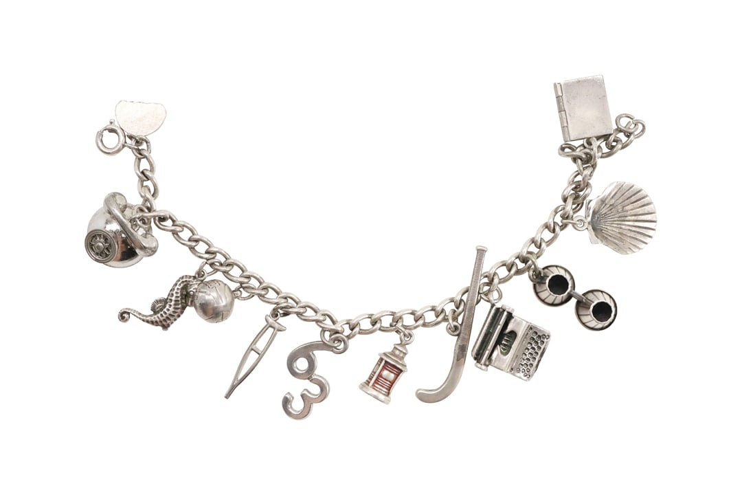 Sterling Silver Charm Bracelet signed Danecraft, All Charms are Sterling: Phone, Seahorse, Crutch, (1 of 14)