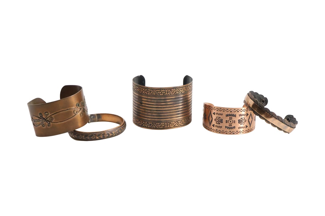 5 Piece Assorted Vintage Copper Bracelets: Native Stamps on Cuff, Applied Decoration Cuff, Braid (1 of 19)