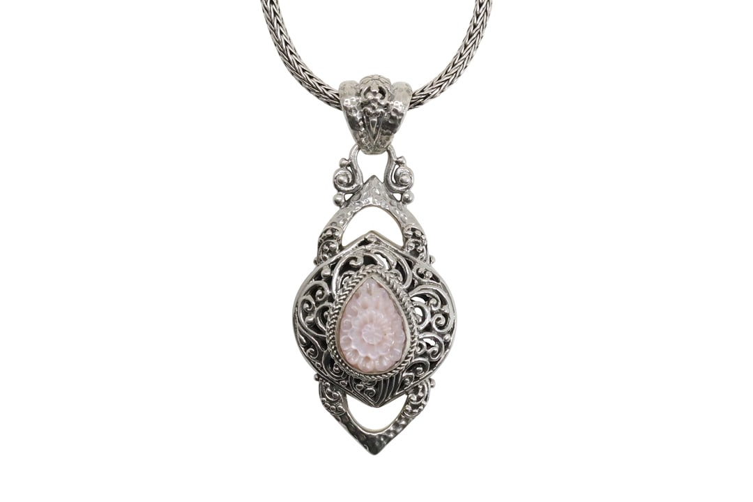 Sarda .925 Sterling Silver MOP [Mother-of-Pearl] Carved Shell Pendant on .925 Sarda 18 in. Chain (1 of 13)