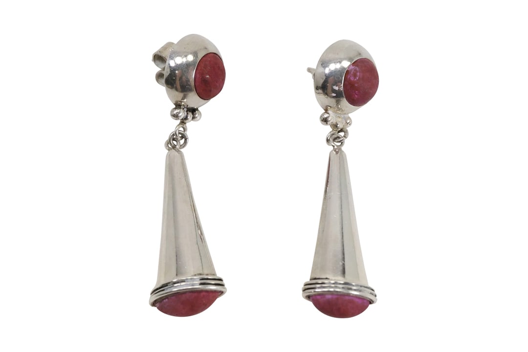 .925 Sterling Silver with Coral Button and Tear Drop Pierced Earrings 2 1/2 in. x 3/4 in. (1 of 10)