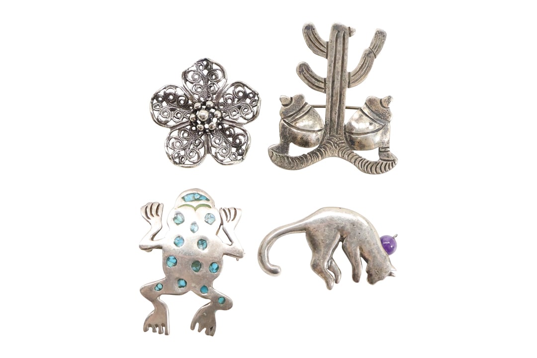 4 Assorted Sterling Silver Pins: Sterling Cat Pin; .925 Sterling Micro Mosaic Turquoise Frog Pin; (1 of 13)