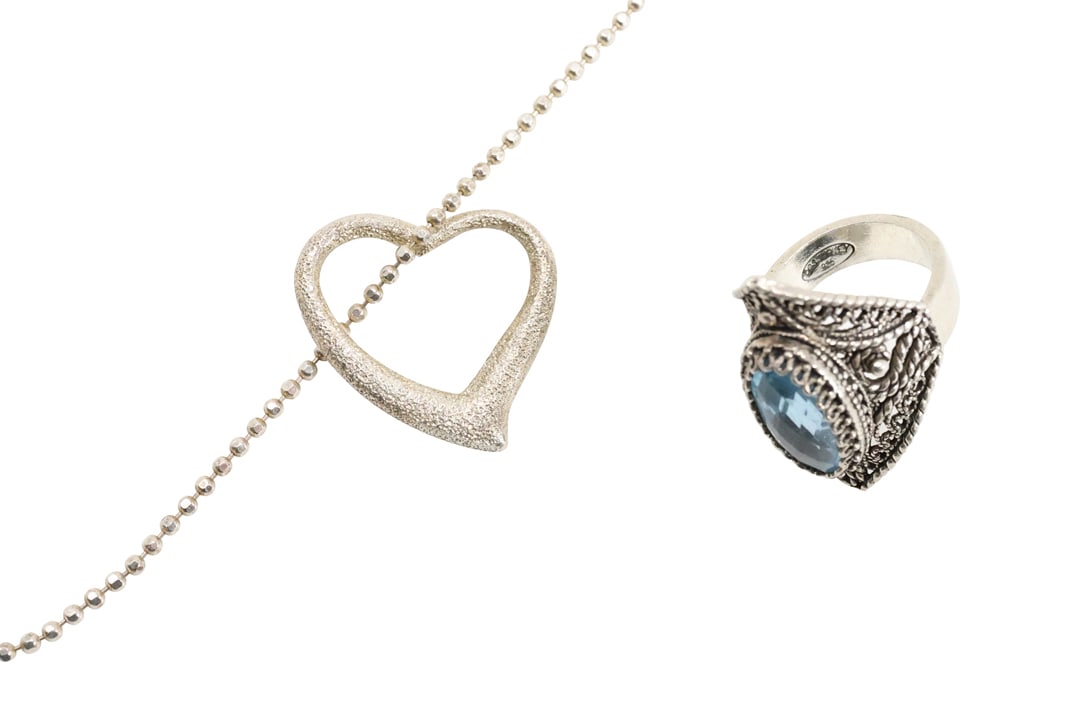.925 Sterling Silver Heart Pendant on .925 Sterling 24 in. Italy Chain; .925 Sterling Blue Topaz: .925 Sterling Silver Heart Pendant on .925 Sterling 24 in. Italy Chain; .925 Sterling Blue Topaz Filigree Ring Size 5