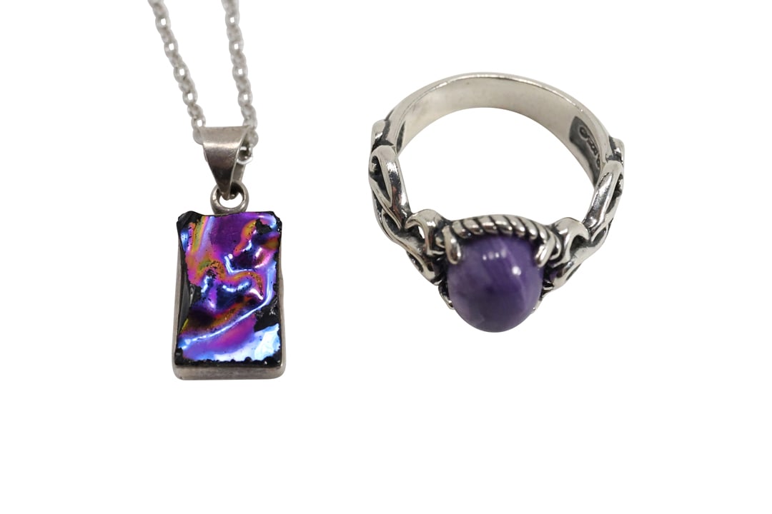 .925 Sterling Silver Foil Pendant on .925 Sterling 17 in. Chain & .925 Sterling Purple Stone Ring (1 of 16)