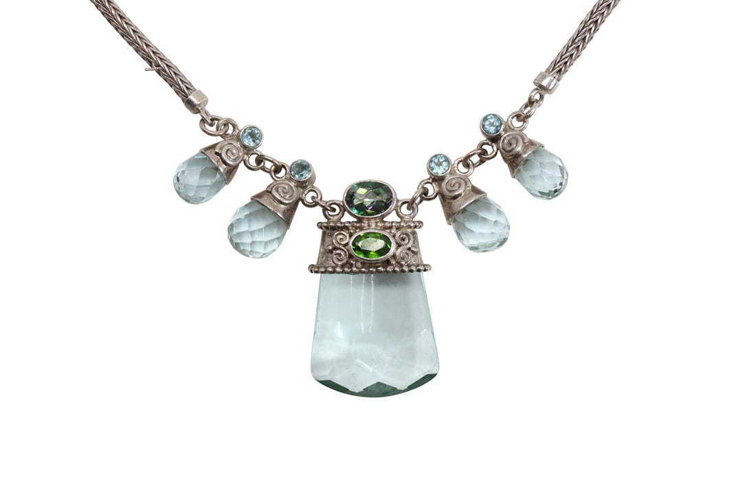 .925 Sterling Silver with Mystic Topaz , Emerald, 4-Crystal Droplets Necklace Beautiful Colors (1 of 10)
