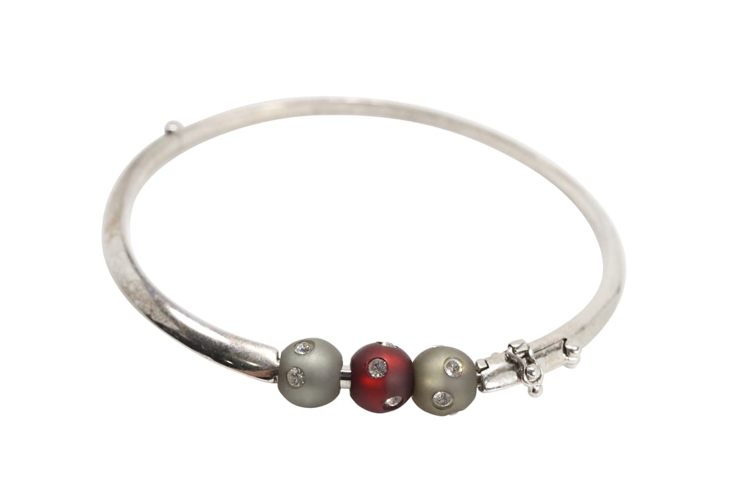 CHD .925 Sterling Silver Bangle Bracelet with 3 Bead Charms, has Box (1 of 10)