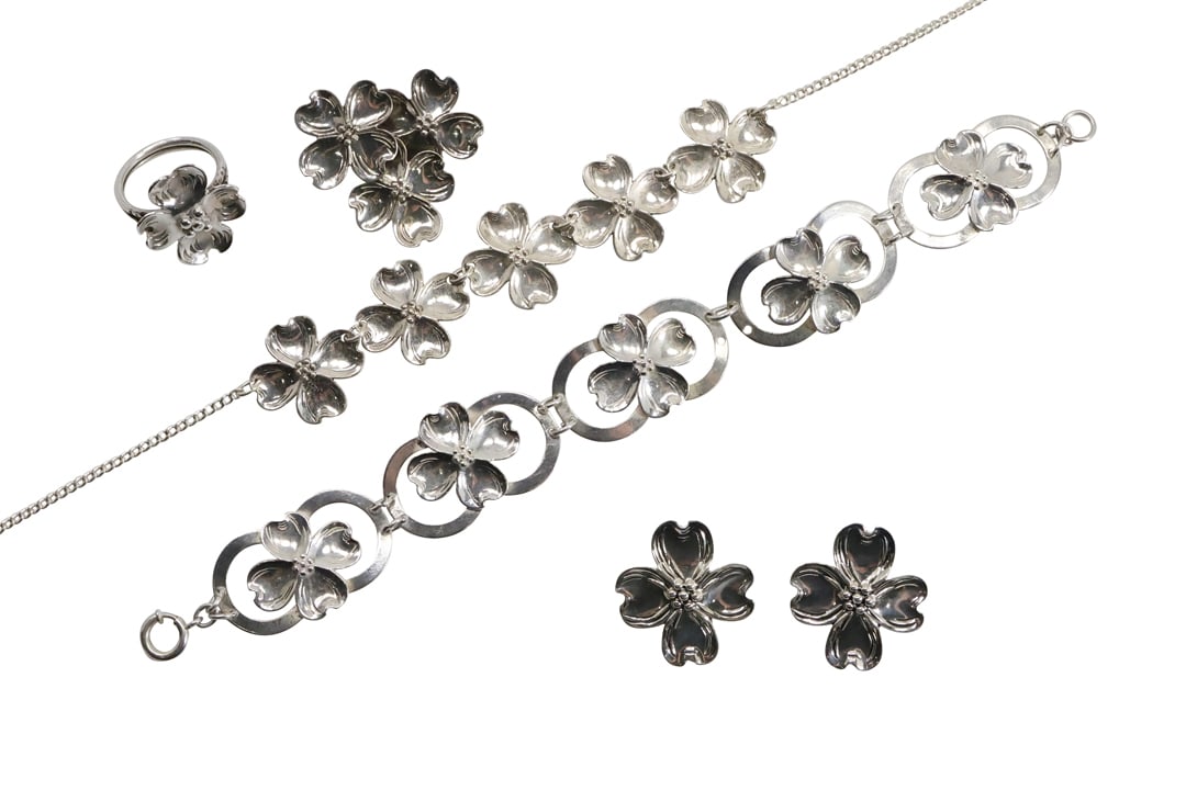 Sterling Silver "Lang" 6-Piece Dogwood Set: Necklace with Choke, Bracelet, Pin, Clip on Earrings, (1 of 11)
