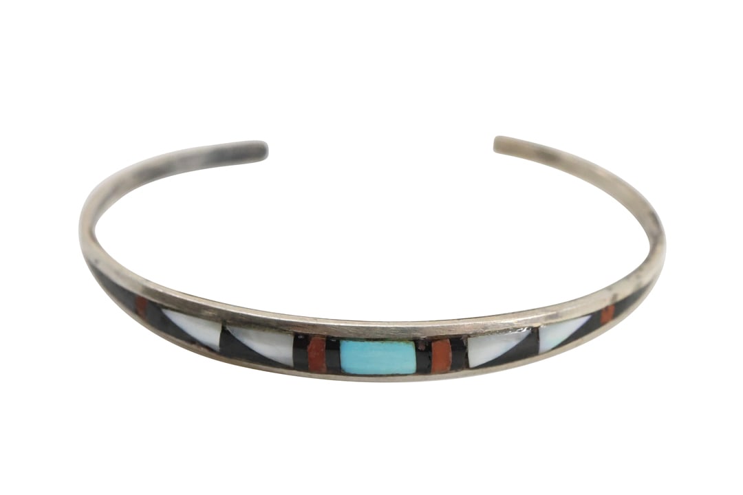 Native American Indian Sterling Silver J.R.B. Zuni Inlaid Cuff Bracelet MOP, Turquoise, Coral, (1 of 6)