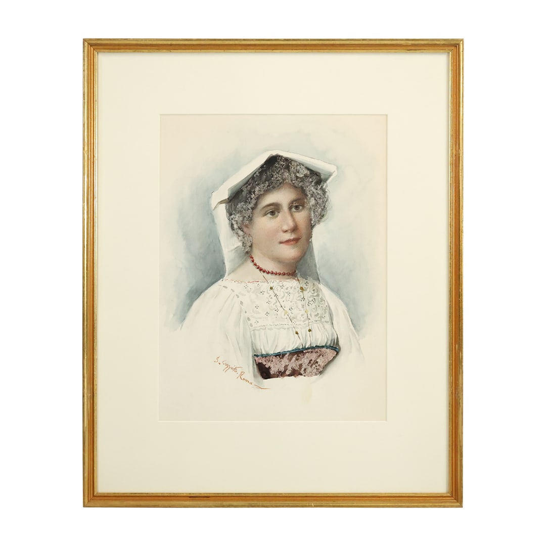 Artist Signed 19th C. Italian Watercolor Aristocrat Woman Wearing Bonnet, Framed: Artist Signed 19th C. Italian Watercolor Aristocrat Woman Wearing Bonnet, Framed. size: 12 x 16.5 outside frame: 20 x 25