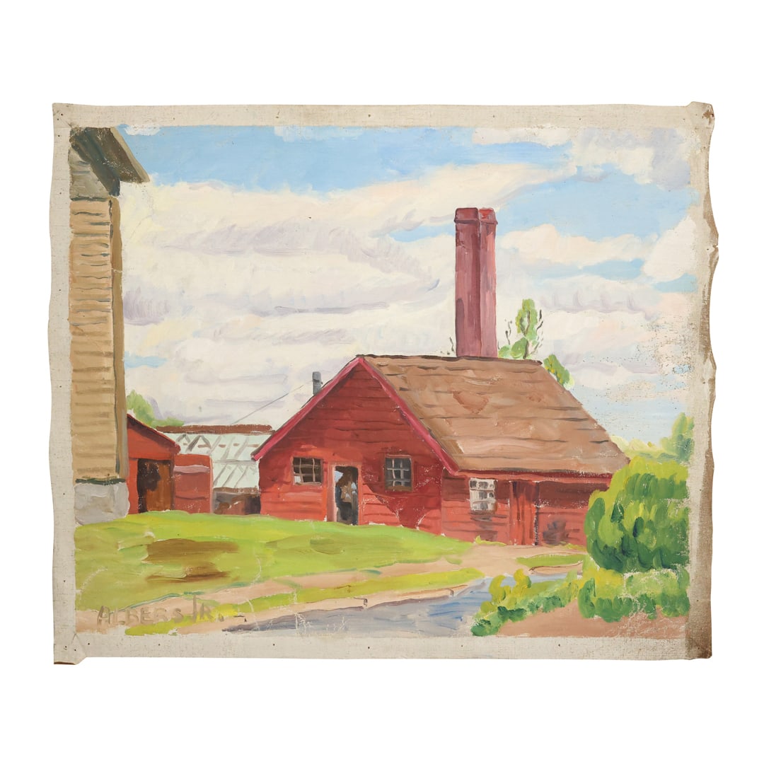 Anton P. Albers Jr. (1908 - 1995 American); Oil on Canvas Pennsylvania Barn Stable, unsretched: Anton P. Albers Jr. (1908 - 1995 American); Oil on Canvas Pennsylvania Barn Stable, unsretched size:21.25 x 25.5 Shelf: Sleeve; ASKart: Anton P. Albers Jr. (1908 - 1995) was active/lived in Pennsylvan