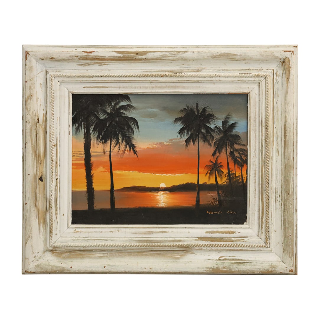 Signed Hoom, Oil on Canvas Painting "Indian River" Sunset with Palm Trees, Ft. Pierce Florida 1981: Signed Hoom, Oil on Canvas Painting "Indian River" Sunset with Palm Trees, Ft. Pierce Florida 1981 size: 15.5 x 11.5 outside frame: 24 x 20