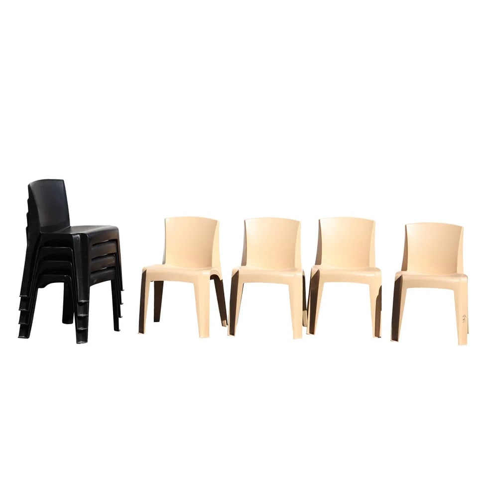 Set 8 Stackable Razorback Chairs by CORTECH, Molded, 4 Black, 4 Tan, marked on Underside (1 of 9)