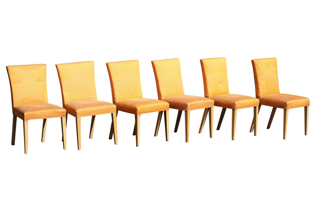 Set of 6 Mid-Century Modern Dining Chairs with Orange Upholstery Backs and Seats: Set of 6 Mid-Century Modern Dining Chairs with Orange Upholstery Backs and Seats. size: 36 h , 20 x 19 , seat h 19
