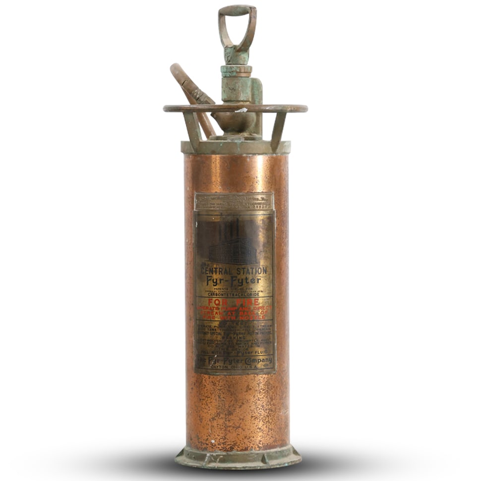 Antique Copper and Brass Fire Extinguisher with Pump "Central Station Fyr - Fyter" 26 inches (1 of 14)