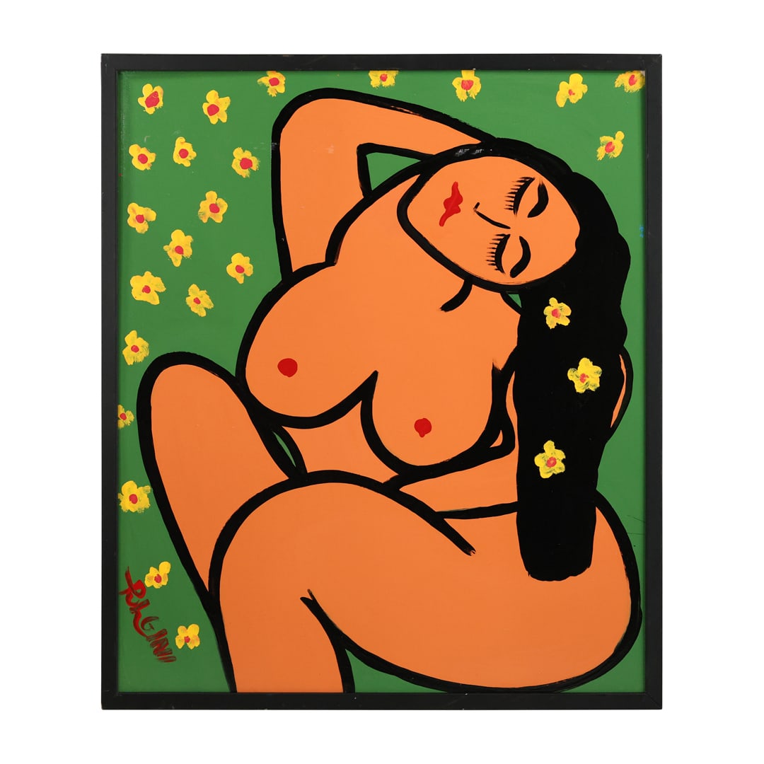 Thomas Pulgini, American, Oil on Board Painting Abstract Voluptuous Nude Woman , Daisies: Thomas Pulgini, American, Oil on Board Painting Abstract Voluptuous Nude Woman , Daisies. Signed, Framed. Well Listed American Artist. size: 30.5 x 25.5 outside frame: 32 x 27 ; ASKart: Thomas Pulgini