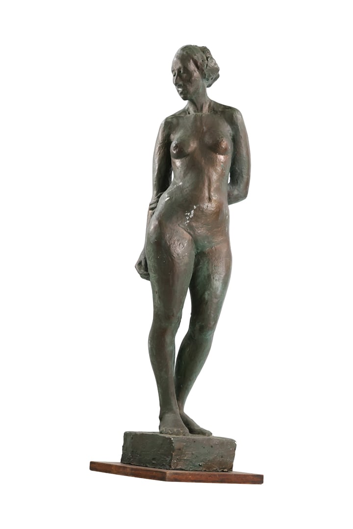 Large Clay Sculpture of a Standing Nude Woman 34 inches height: Large Clay Sculpture of a Standing Nude Woman 34 inches height. size:34 x 11 x 9* has scuffs Shelf: Middle