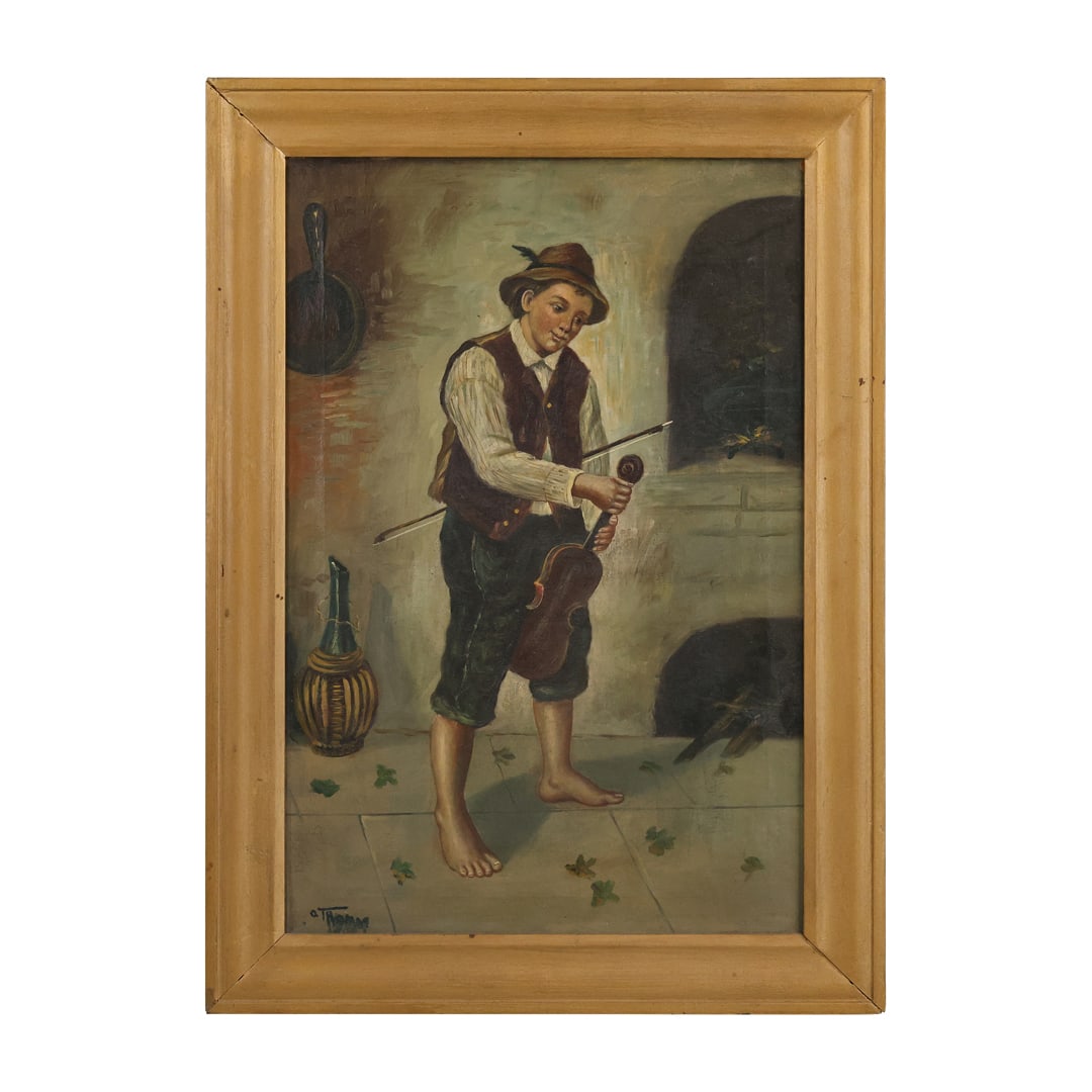 Signed O. Thomas, 19th C. Oil on Canvas Painting Young Man Holding Violin, Framed (1 of 18)
