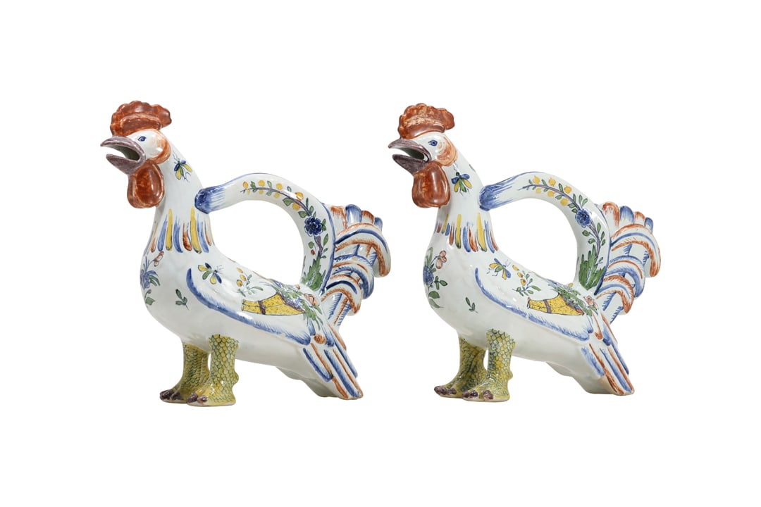 Pair Hand Painted Italian Ceramic Rooster Figural Pitchers 11.5 in. height x 12 in. length (1 of 19)