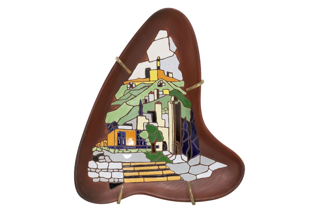 Mid-Century Modern Scenic Enameled Redware Pottery Wall Plaque Dish 13 inches (1 of 10)