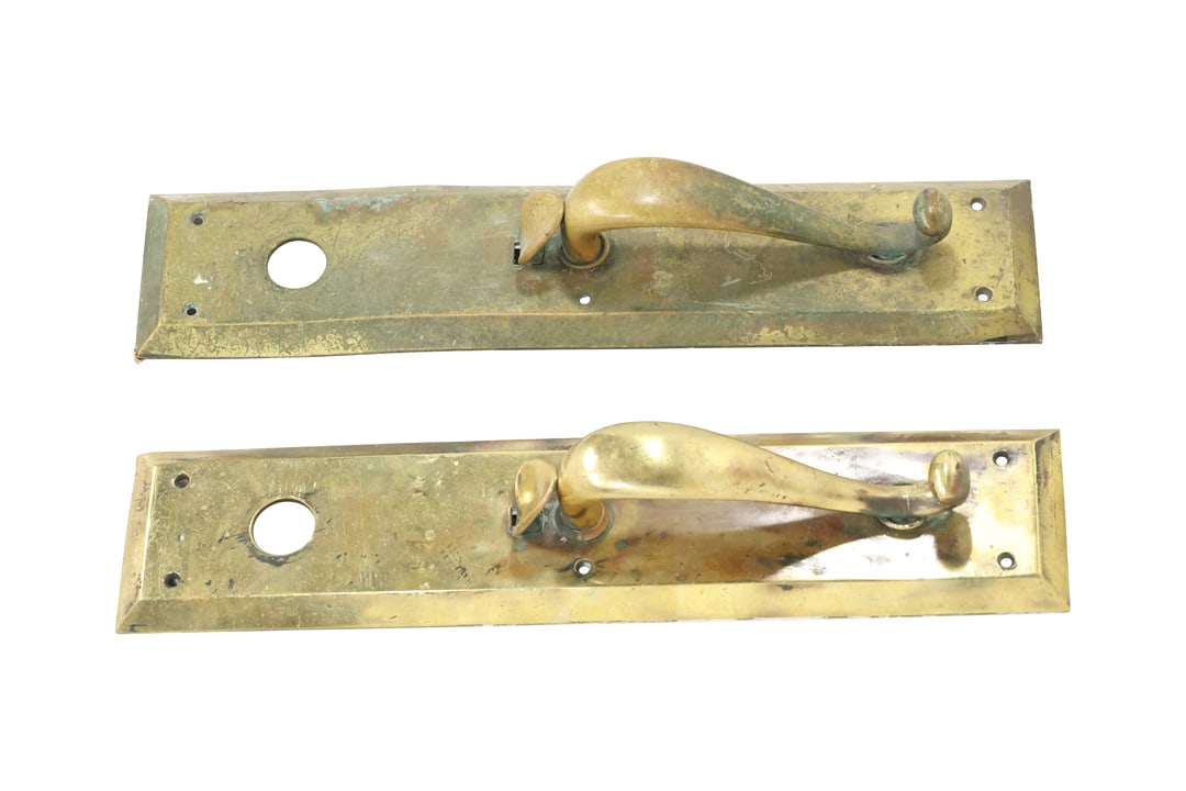 Pair Antique Bronze Door Handles with Back Plates marked "HB" on backside 18 in. x 4 in. (1 of 7)