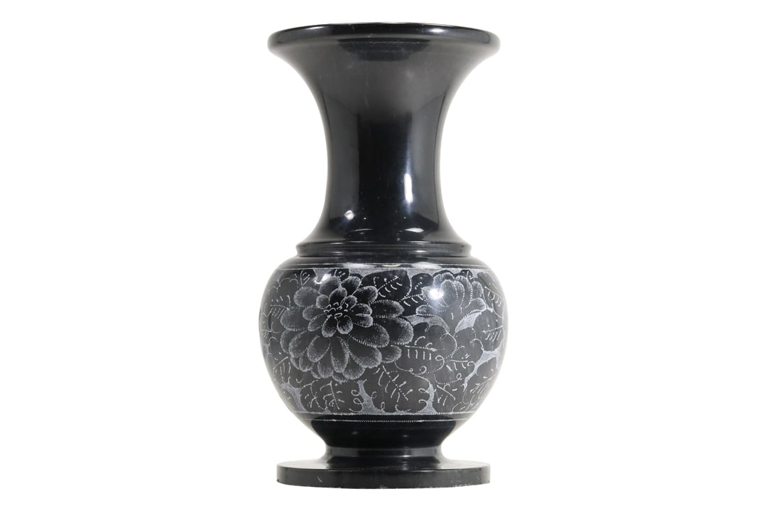 Black Polished Marble with Etched Floral Center Vase 10 inches height x 6 in. wide (1 of 13)