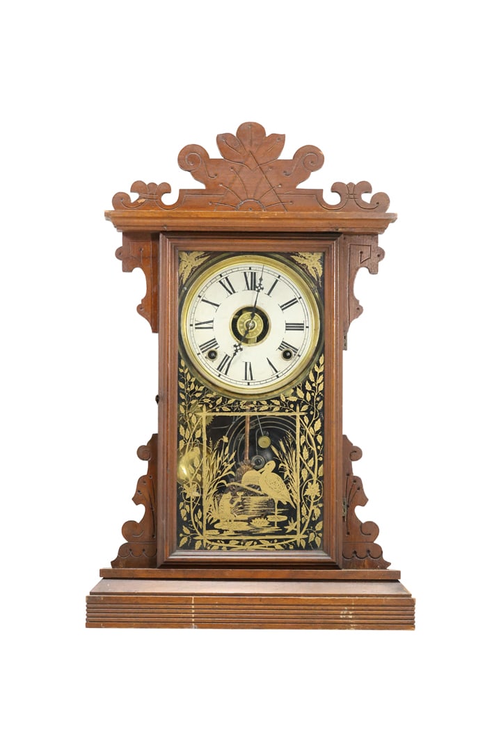 Walnut Victorian 8-Day Half Strike Mantle Clock, Original Key, Pendulum, Heron Bird on Door (1 of 16)