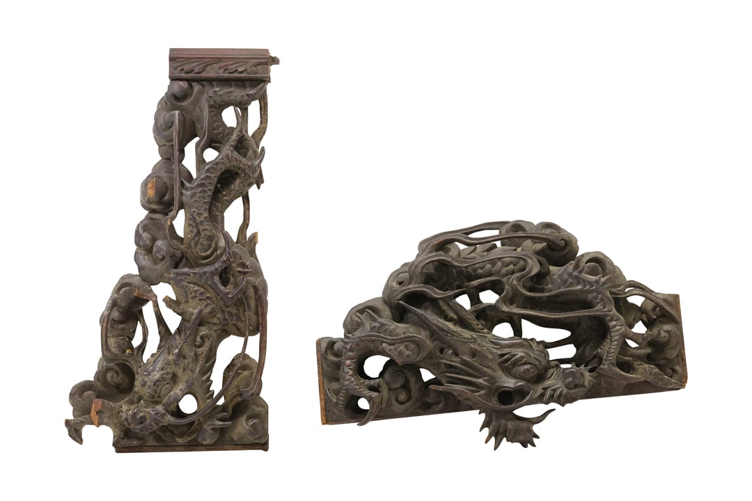 2 Intricate Carved Chinese Dragons Wooden Architectural Panels Elements 14 in. x 8.5 in. (1 of 16)