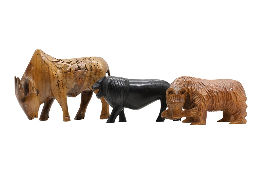 3 Assorted Carved Wood Animals: Bison, Lion and Bear with Fish in Mouth (1 of 17)