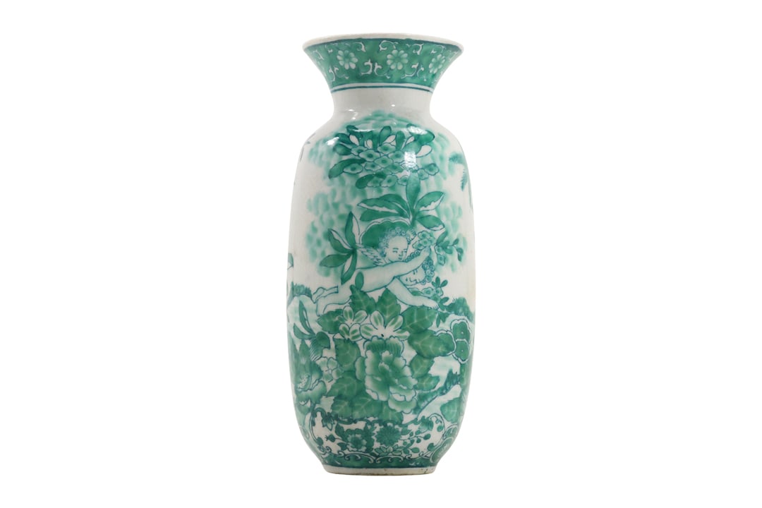 Antique 19th C. Green and White Chinese Vase with Winged Cherub Angels, 4-Chop Markings on Base (1 of 15)