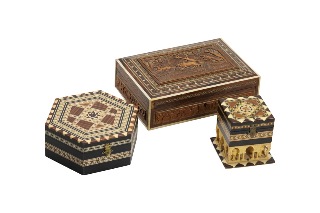 3 Assorted Fancy Exotic Woods Inlay Moroccan Dresser Boxes in Various Sizes (1 of 20)