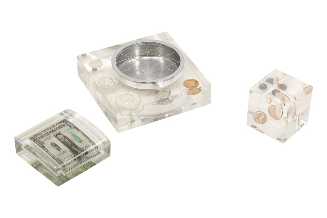 3 Piece American Currency Art Sculptures in Lucite: 2 Paperweights and a Tray (1 of 12)
