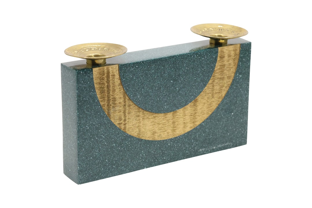 Marble and Brass Judaica Shabbat Double Candlestick Holder Signed and Dated 1991 (1 of 8)