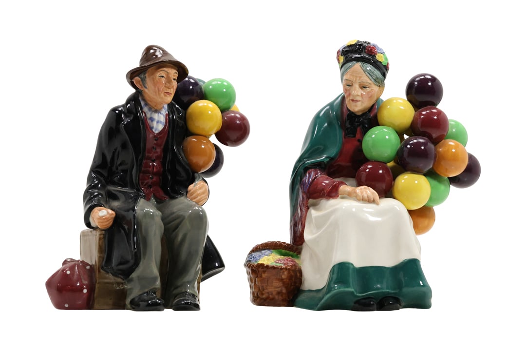 2 Royal Doulton Porcelain Figures The Balloon Man and The Old Balloon Seller: 2 Royal Doulton Porcelain Figures The Balloon Man and The Old Balloon Seller. size: 8 x 7 Shelf: B