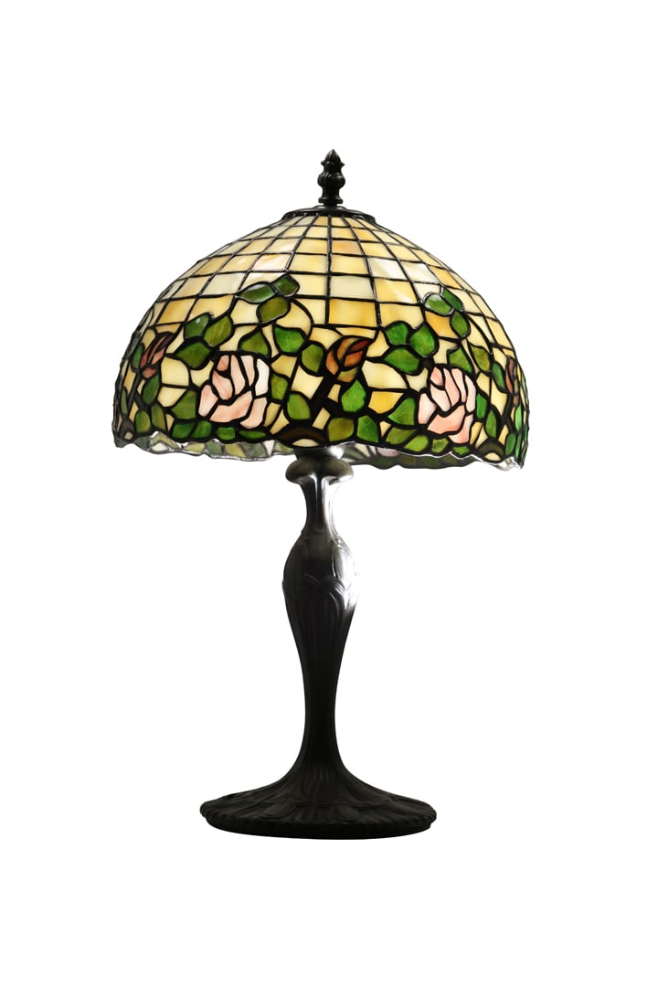 20th C. Floral Leaded Stain Glass Shade on Metal Base 18 in. height x 11 inches wide shade: 20th C. Floral Leaded Stain Glass Shade on Metal Base 18 in. height x 11 inches wide shade. size: 18 x 11 Shelf: B
