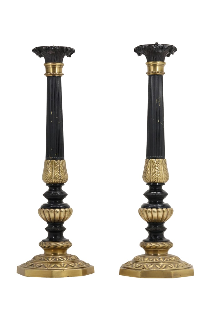 Pair 20th C. French Empire Style Quality Brass and Black Tall Candleholders 22 in. height (1 of 17)