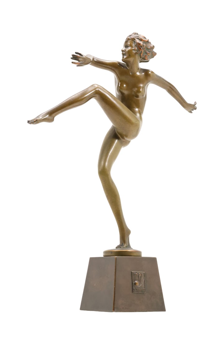 Josef Lorenzl Bronze Dancing Nude on Base "1933 A Century of Progress Chicago" 14 in. height: Josef Lorenzl Bronze Dancing Nude on Base "1933 A Century of Progress Chicago" 14 in. height. size: 14 x 9.5 x 3 Shelf: C