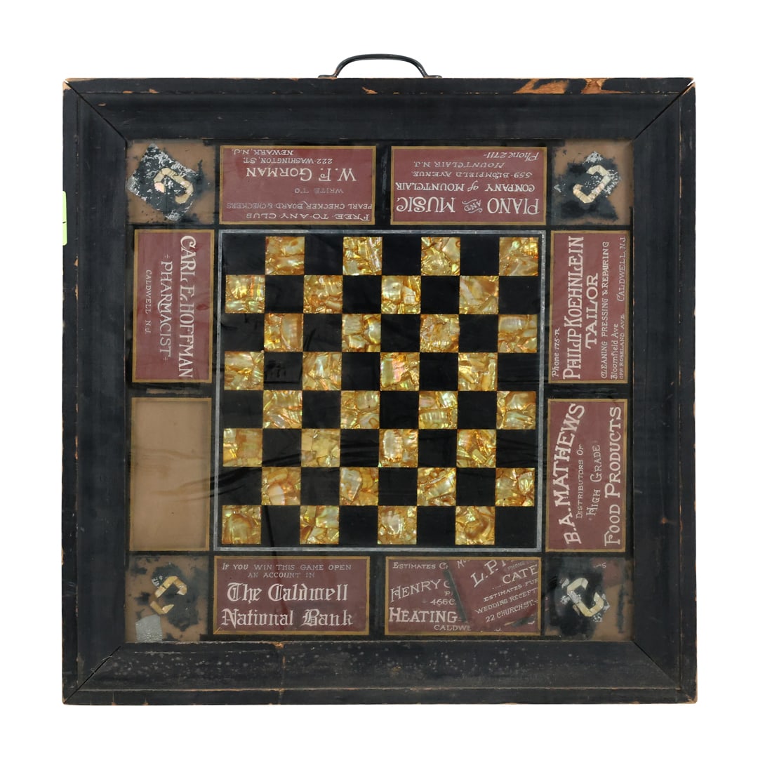 Antique Game Board with Surrounding Assorted Adverting Border, Chess Board Mother of Pearl Squares (1 of 12)