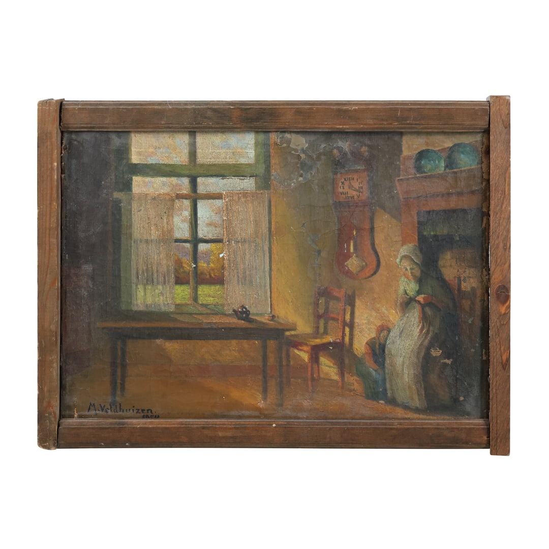 Signed M Veldhuzizen, Circa 1910 Oil on Canvas Dutch Interior with Figure, Framed (1 of 12)