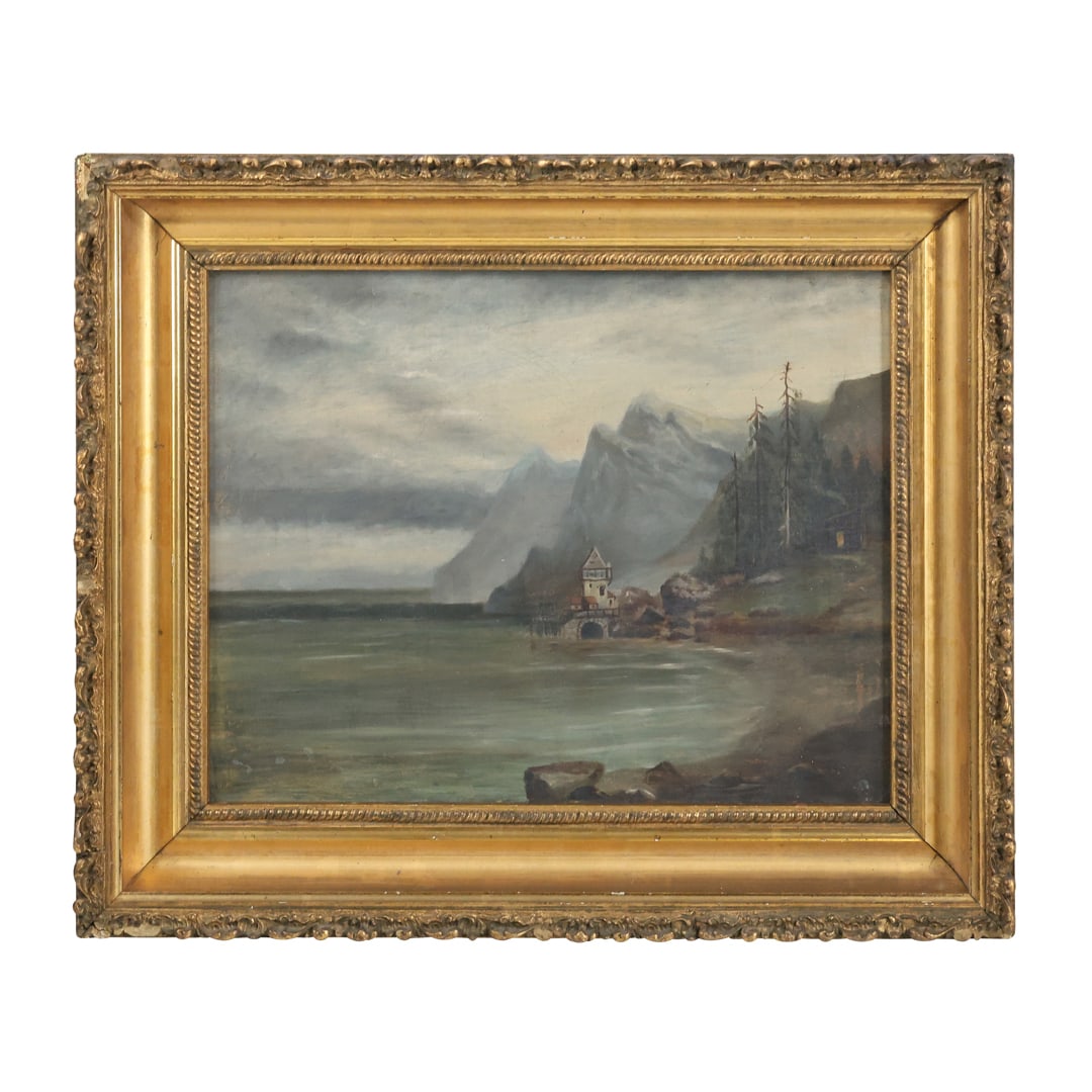 19th C. Oil on Canvas Painting Seascape with Mountains and Stone Castle, Original Frame (1 of 13)