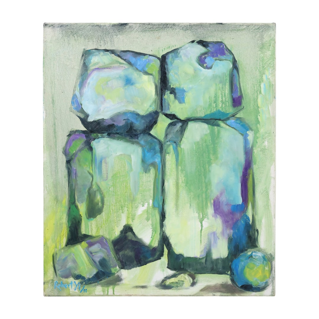 Signed Robert Yi,/II,  20th C. Oil on Canvas Painting Abstract Green Figures (1 of 11)