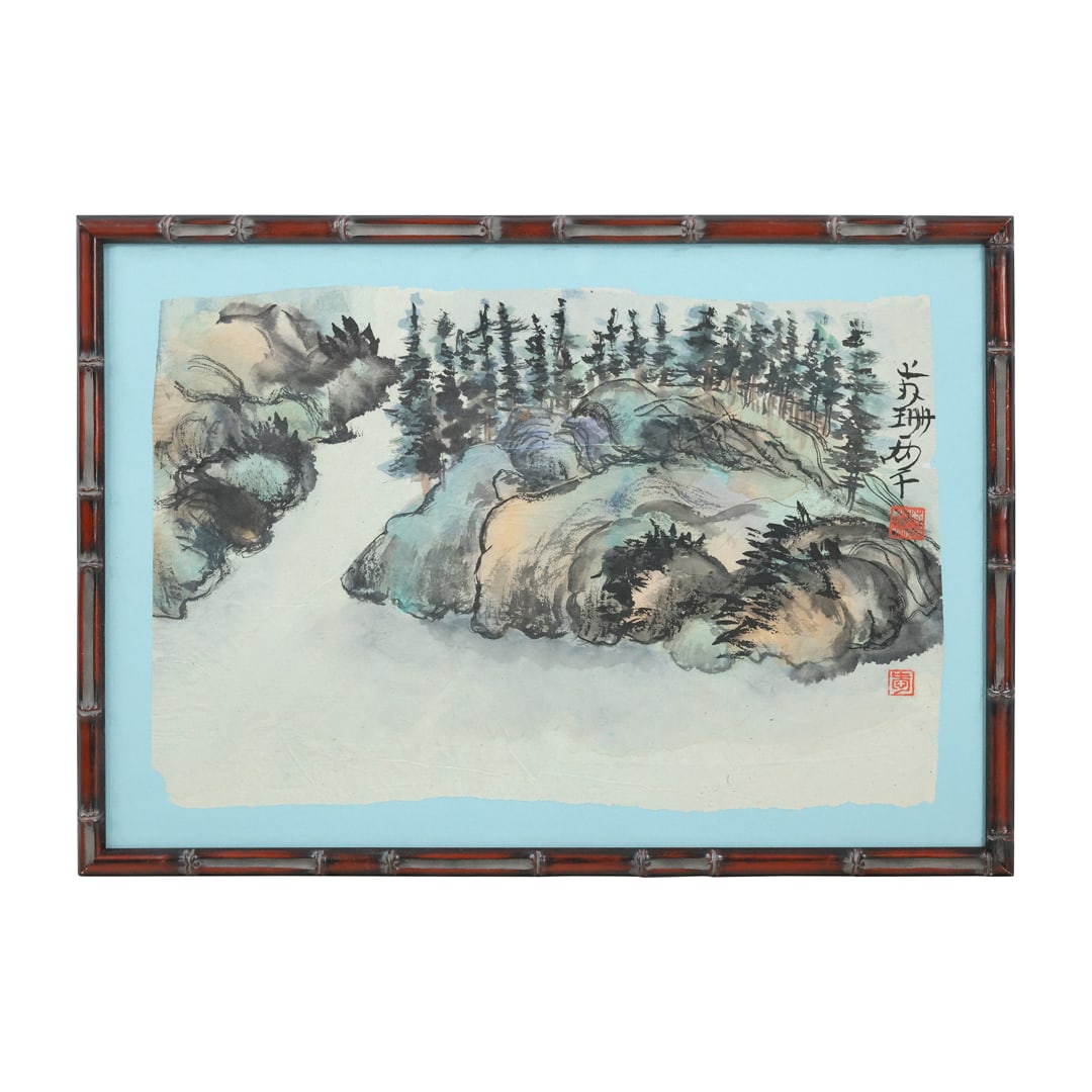 Signed Asian Watercolor Winter Landscape, Framed (1 of 15)