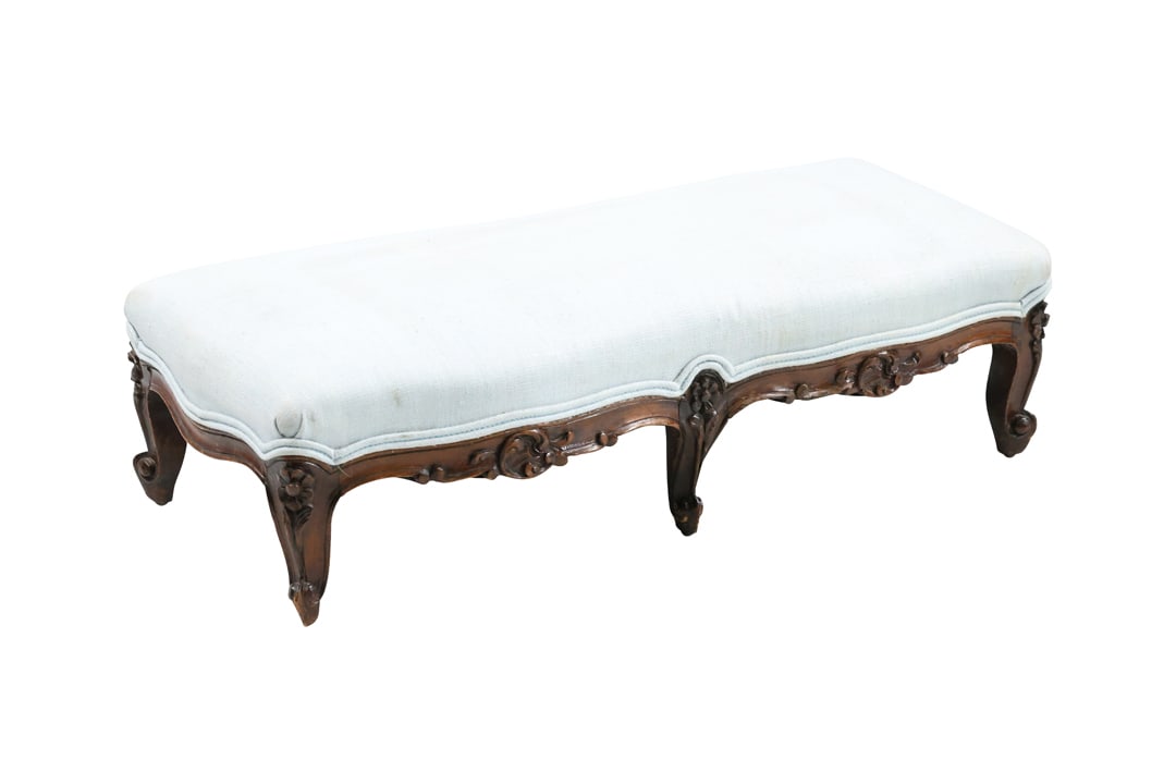 French Louis XVI Carved Wood Double Length Footstool 27 inches length x 11 in. wide: French Louis XVI Carved Wood Double Length Footstool 27 inches length x 11 in. wide. size:7 x 27 x 11 Shelf: Middle