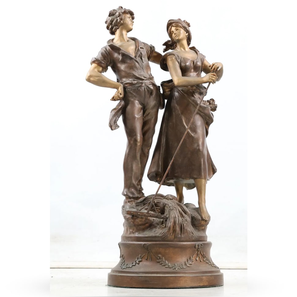 Signed Moreau, 19th C. Cast Metal Spelter Grouping Peasant Man and Woman 23 inches height (1 of 10)