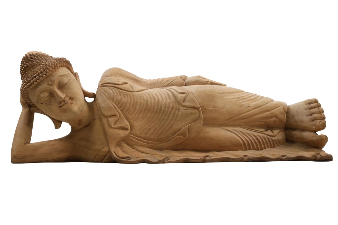 Large Carved Wooden Reclining Buddha Figure Sculpture 32 inches length: Large Carved Wooden Reclining Buddha Figure Sculpture 32 inches length. size:14 x 32 x 8.5 Shelf: Middle