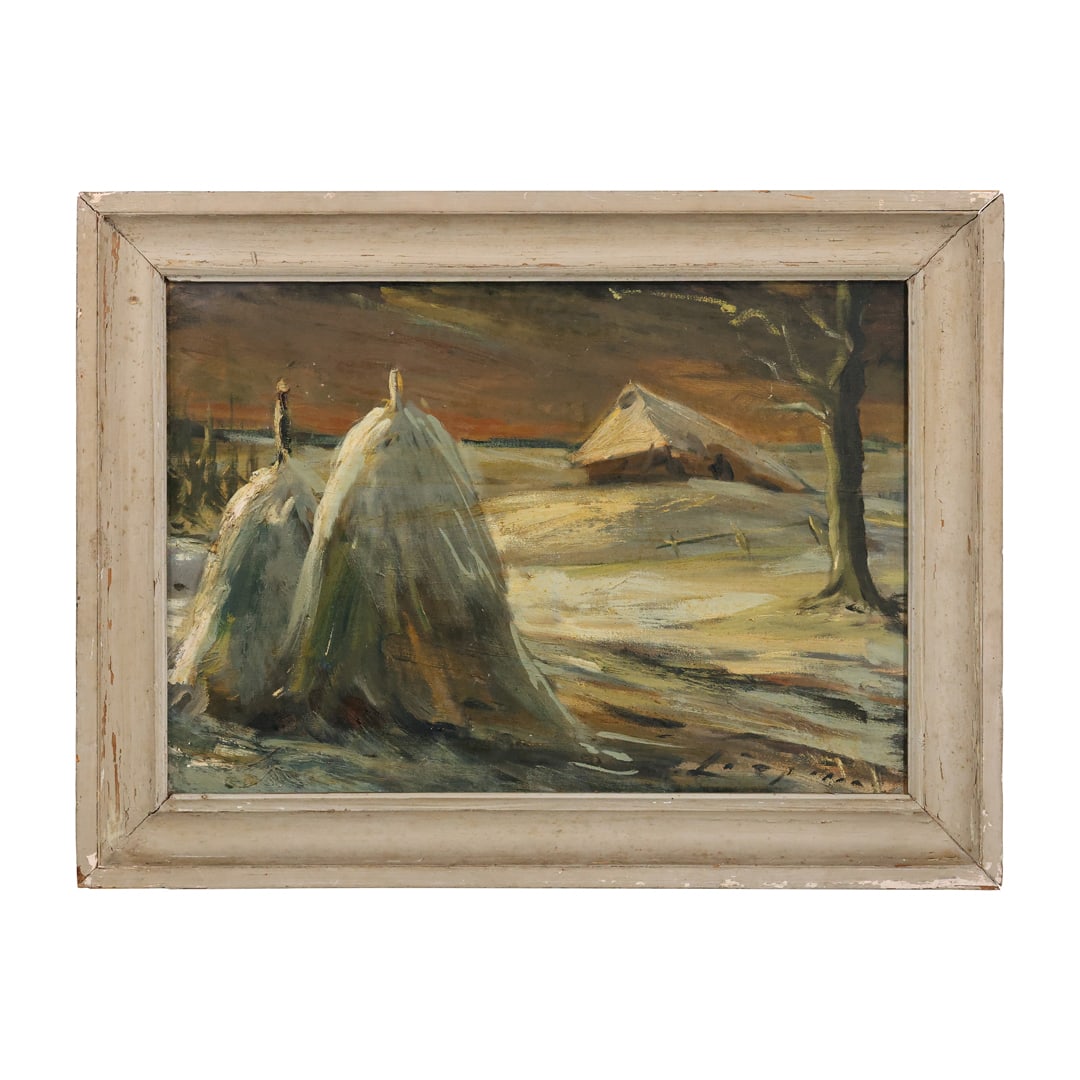 Edmunds Liepins 1957, Oil on Canvas Painting Haystacks in Winter Farm Landscape (1 of 16)