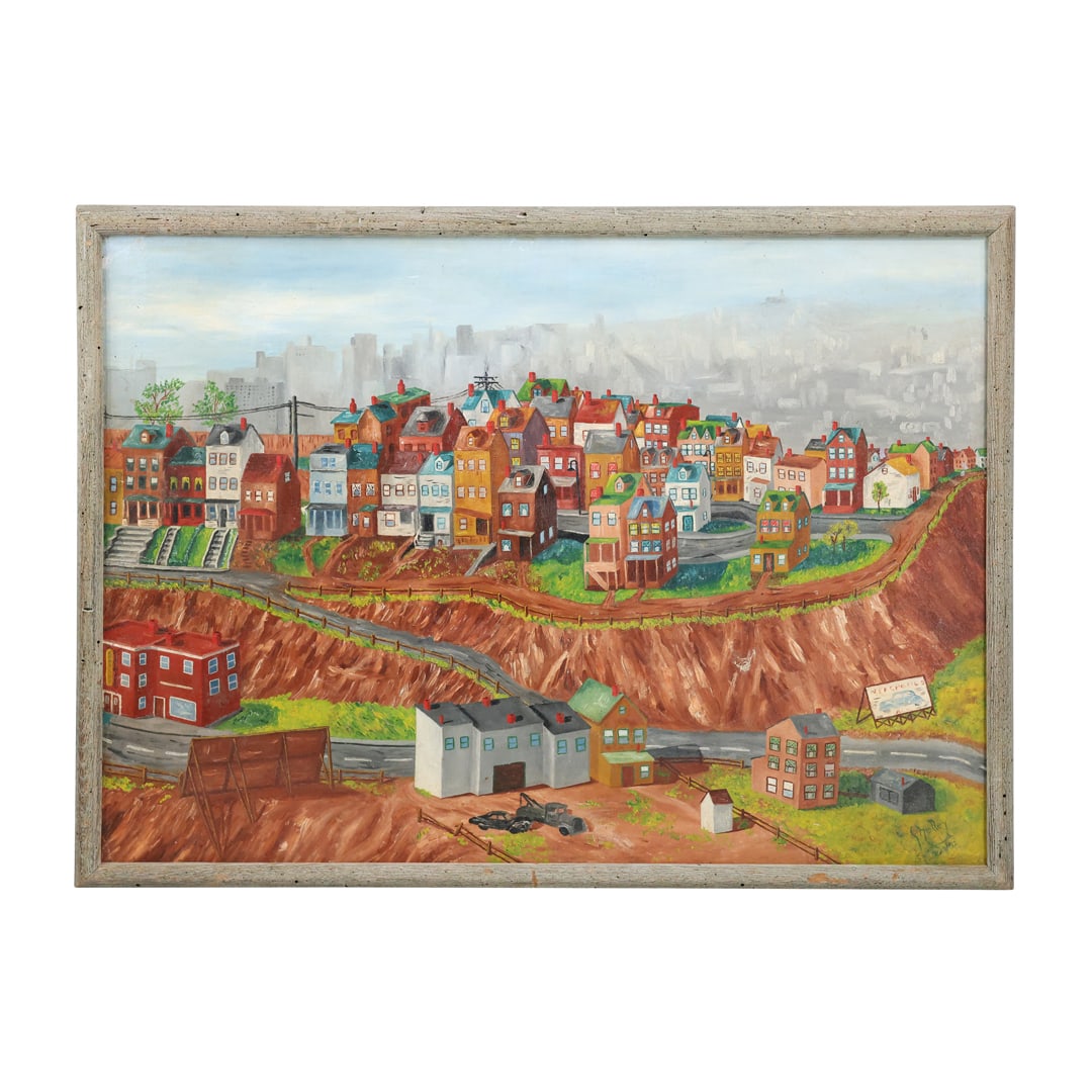Signed Shelley 1952, Oil Painting Village Plateau with Industrial Excavating Surrounding: Signed Shelley 1952, Oil Painting Village Plateau with Industrial Excavating Surrounding. size:21.75 x 29,75 outside frame: 23 x 32
