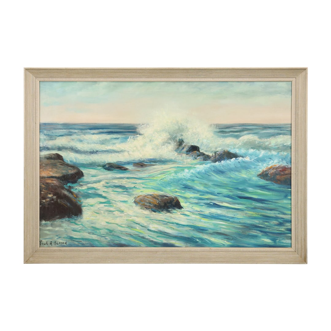 Paul A Bloser [1891 - 1971 American] Oil on Canvas Painting Crashing Waves Seascape (1 of 16)
