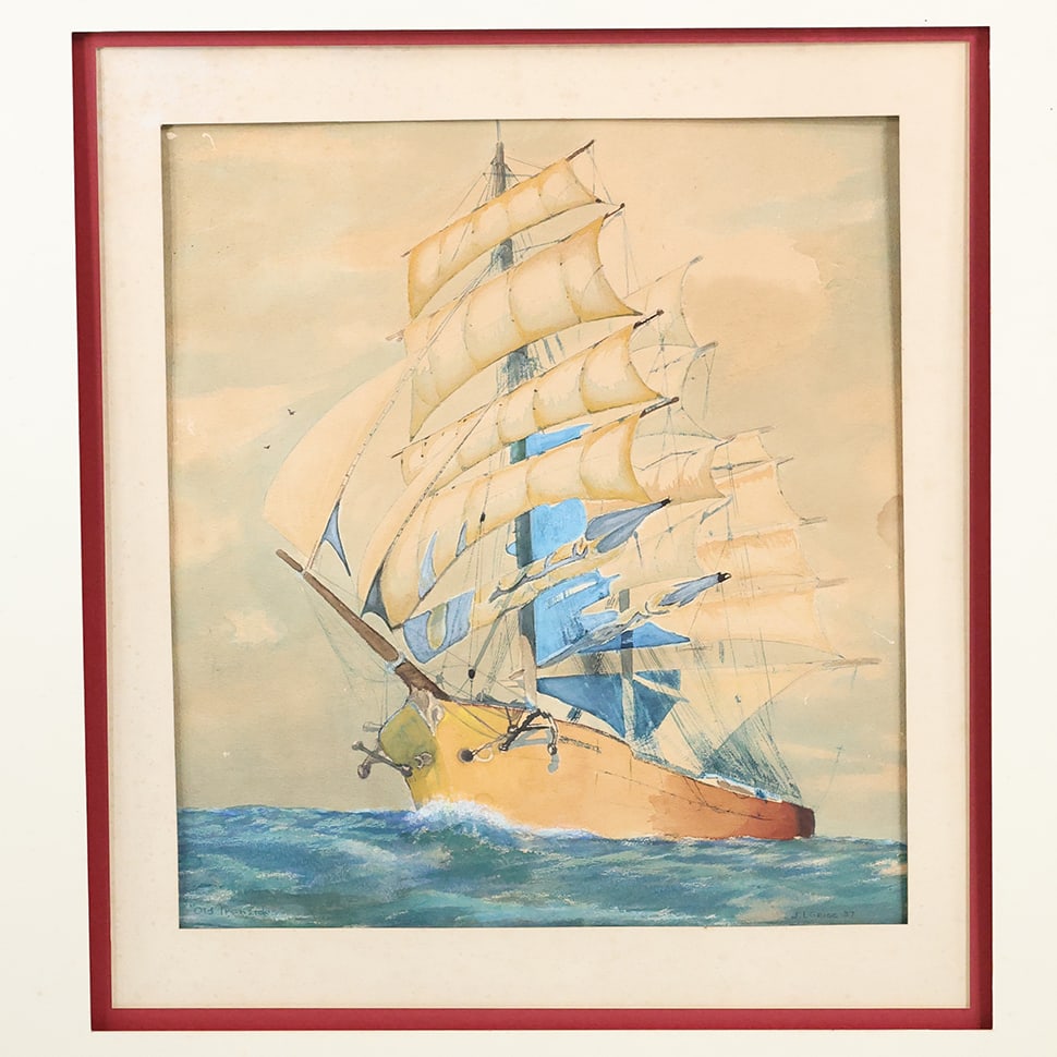 Signed J L GRIGG 1937, Watercolor Painting Full Sail Ship on Seas, Framed: Signed J L GRIGG 1937, Watercolor Painting Full Sail Ship on Seas, Framed. size: 20 x 16 , outside of matt: 30 x 24, s:slvs
