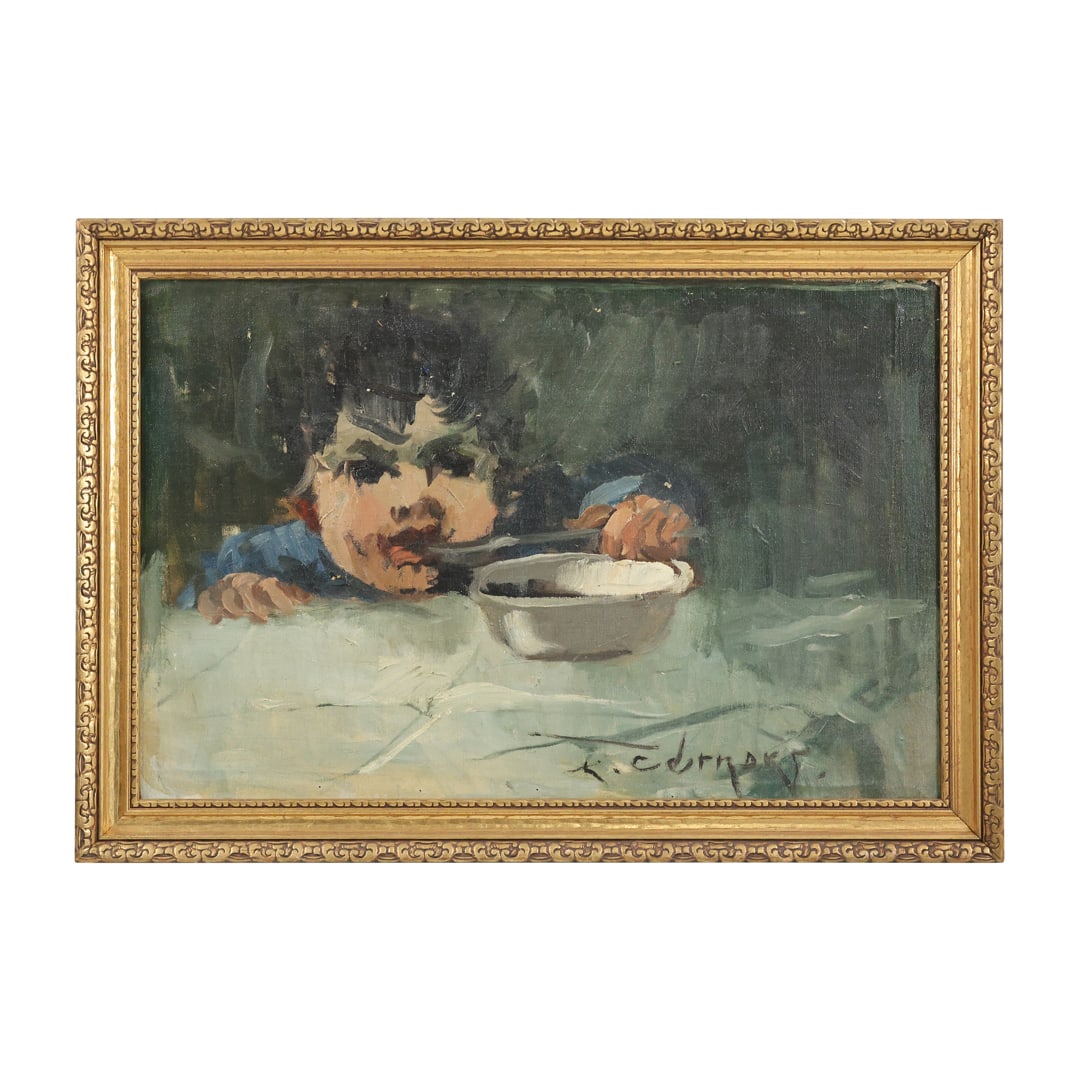 Edmunds Liepins, Vintage Oil on Canvas Painting, Young Boy Eating Out of a Bowl, Framed: Edmunds Liepins, Vintage Oil on Canvas Painting, Young Boy Eating Out of a Bowl, Framed. size: 13 x 20 outside frame: 16 x 22
